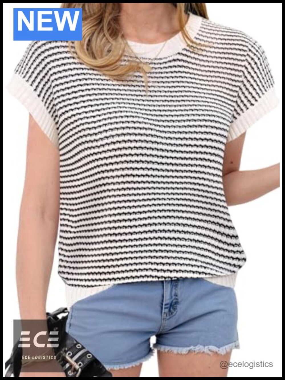 Womens Lightweight Knit Sweater Vest Striped Cap Sleeve Crew Neck Pullover